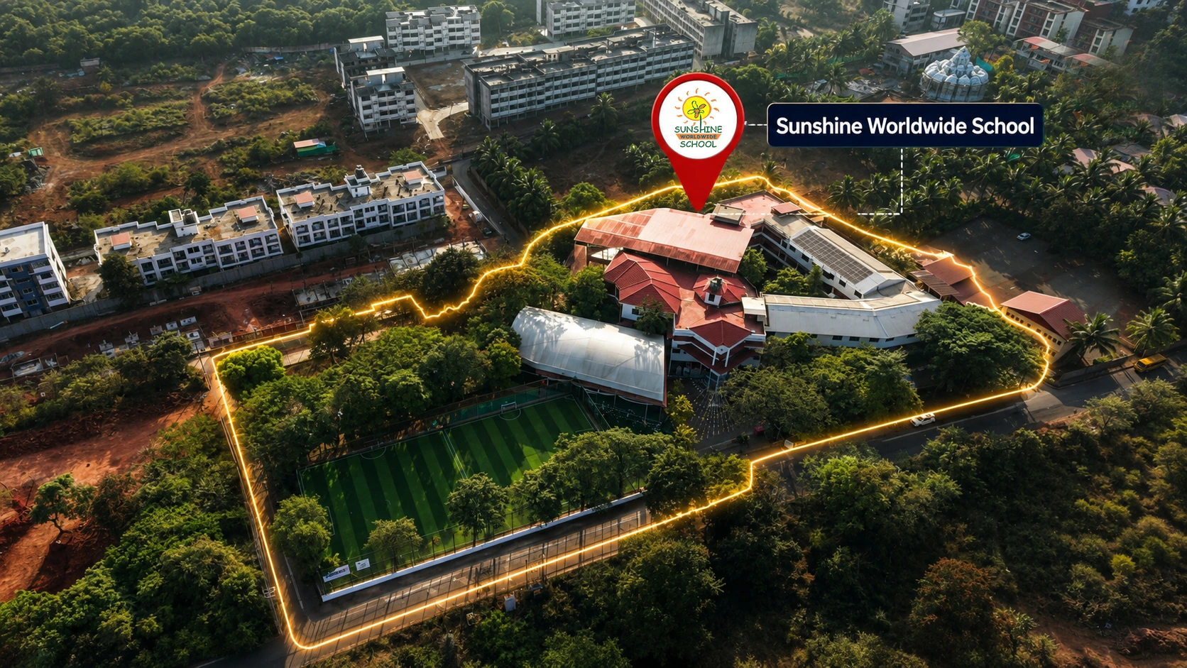 A colorful school playground nestled under lush green trees