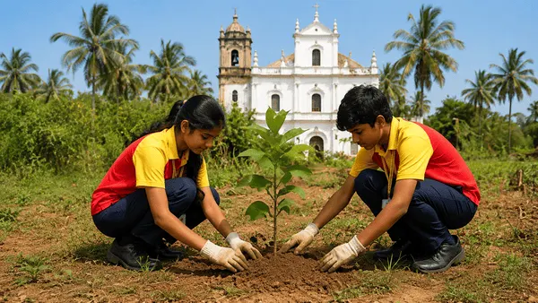 Two students in red and yellow uniforms plant a sapling