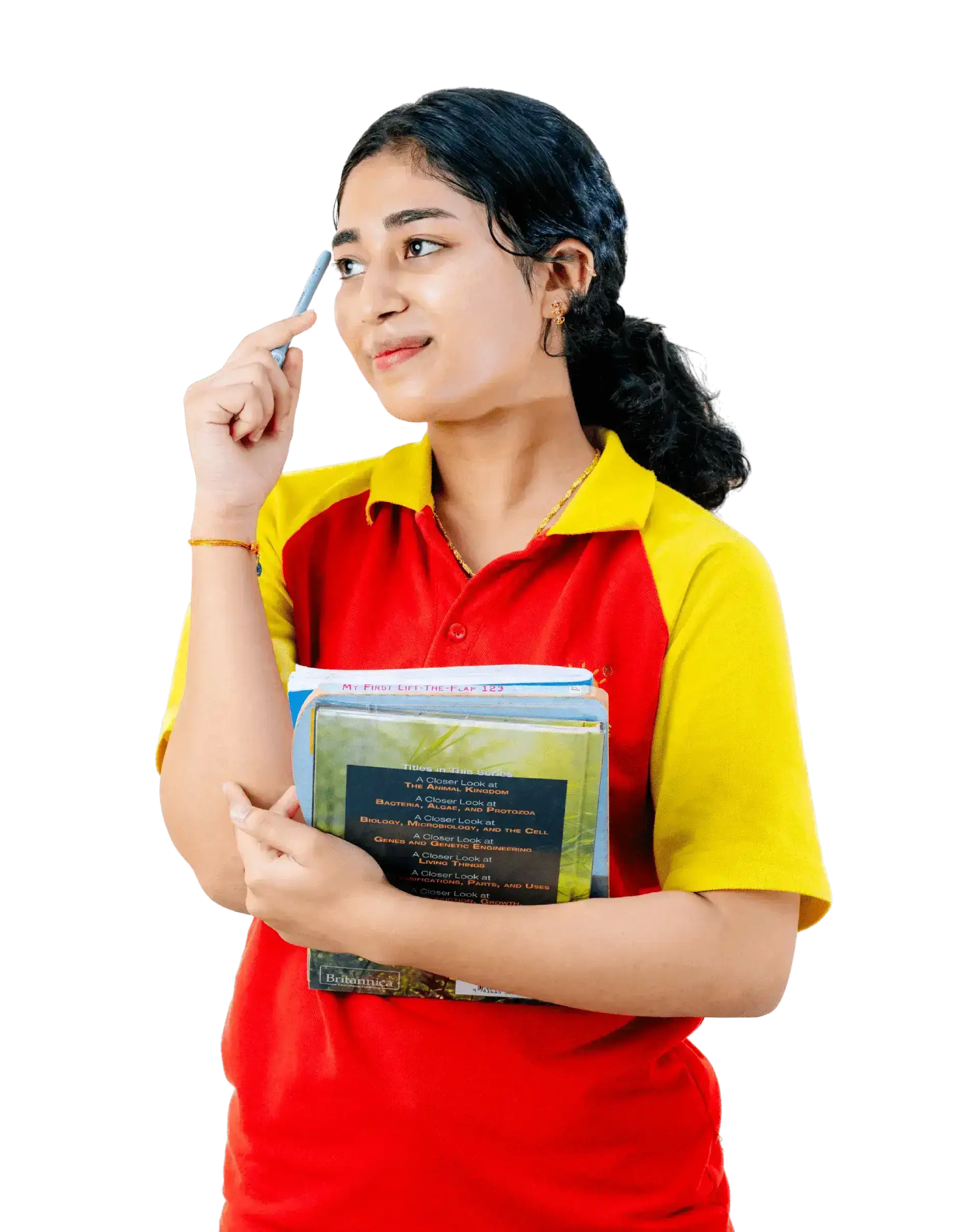 Student in uniform holding books, thinking