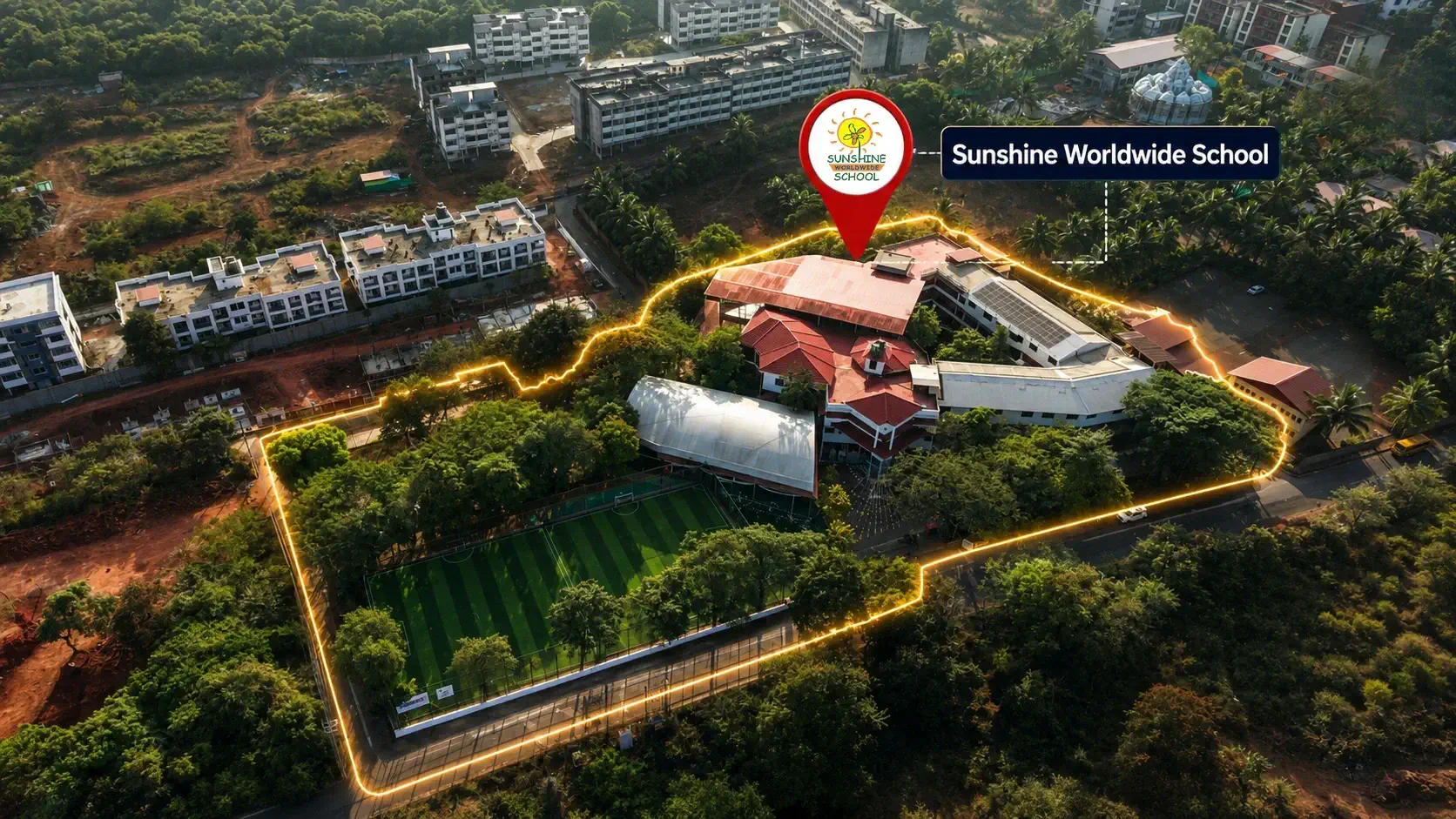 A colorful school playground nestled under lush green trees